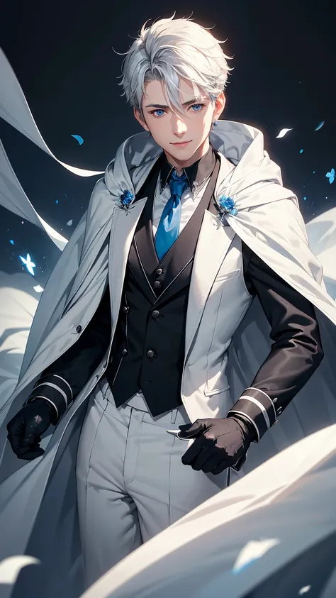 1young man,solo, male photo,look at viewer,confident smile, silver hair, ((short hair)), ((short sideburns)),light blue eyes, slant eyes,anatomically correct,blue ribbon tie,((black gloves)),((white cloak)),black suit,beautiful blue flowers,best quality, h...