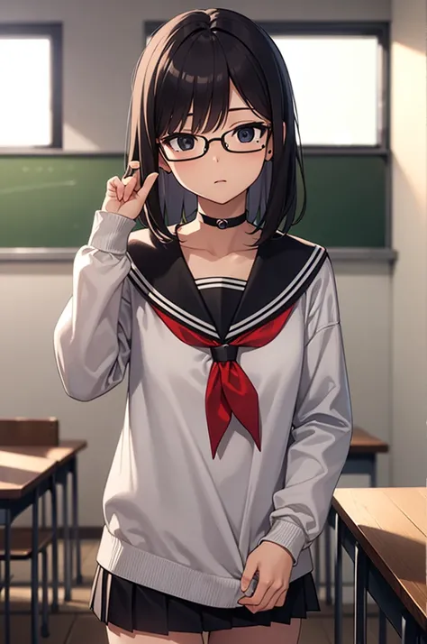 chinatsu, chinatsu, black hair, glasses, mole, (black eyes:1.5), mole under mouth, rimless eyewear, medium hair,
BREAK long sleeves, , serafuku, choker, black choker, skirt, pleated skirt,
BREAK indoors, classroom,
BREAK looking at viewer, (cowboy shot:1.5...