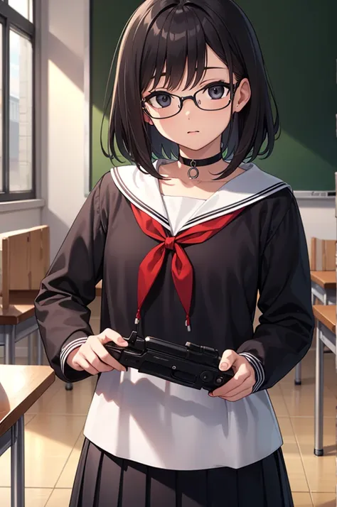 chinatsu, chinatsu, black hair, glasses, mole, (black eyes:1.5), mole under mouth, rimless eyewear, medium hair,
BREAK long sleeves, , serafuku, choker, black choker, skirt, pleated skirt,
BREAK indoors, classroom,
BREAK looking at viewer, (cowboy shot:1.5...