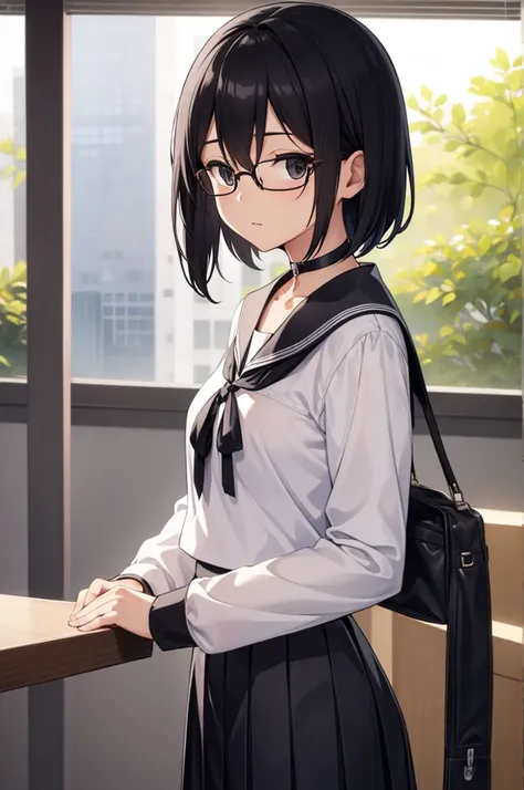 chinatsu, chinatsu, black hair, glasses, mole, (black eyes:1.5), mole under mouth, rimless eyewear, medium hair,
BREAK long sleeves, , serafuku, choker, black choker, skirt, pleated skirt,
BREAK indoors, classroom,
BREAK looking at viewer, (cowboy shot:1.5...