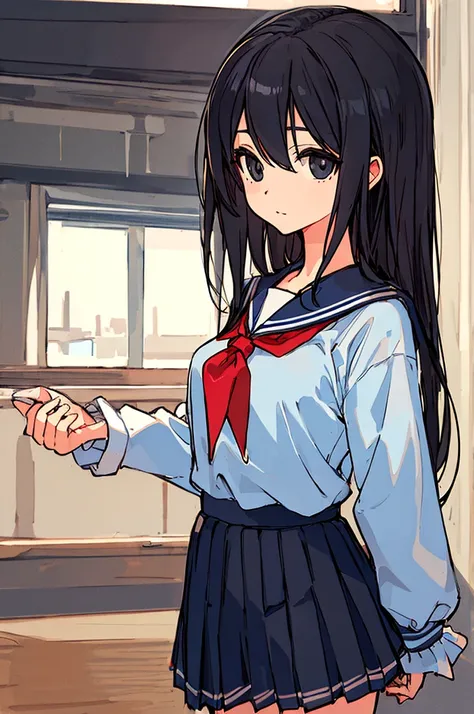 1girl, sakiyoshida, saki yoshida, long hair, hair between eyes, (black eyes:1.5), black hair, BREAK skirt, pleated skirt, serafuku, shirt, (blue shirt:1.2), long sleeves, long skirt, blue skirt, blue sailor collar, sailor collar, neckerchief, red neckerchi...