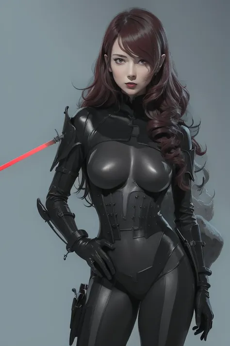 a woman with red lipstick has armor on and is holding a sword, kirijou mitsuru, 1girl, solo, hair over one eye, long hair, (((red hair))), (((red eyes))), weapon, rapier, sword, bodysuit, black bodysuit, grey bodysuit, hand on hip, (((large breasts))), sim...