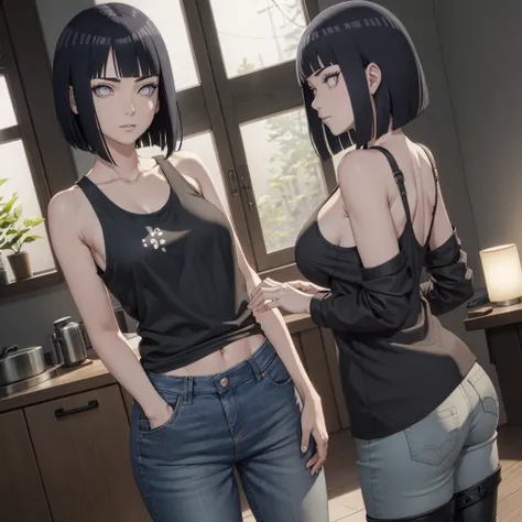 Hinata Hyuga,Meisterwerk, (Tanktop),Skinny Jeans, Seductive face, gute Beleuchtung, Ausschnitt, Kleine Details, Meisterwerk, Leuchtende Augen, 1girls, schwarzes Haar, im Gesicht, Glyzinien-Hintergrund, Meisterwerk, best quality, Half body, Erotik,big Breas...