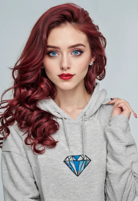 Woman((17year old)), hair((Burgundy, long, wavy)), eyes ((big eyes, blue eyes)), clothes((crop-top, hoodie)), accessories ((diamond accessories)), big , gigantic breast, korean make-up look, smiling, red lips, pose, model, photoshoot,
