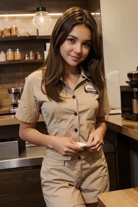 It shows a slim, small-breasted, light-brown-eyed young girl with brown hair and Caucasian complexion wearing barista uniform