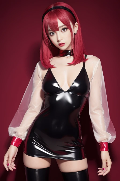 female idol、full body Esbian、sheer latex tight mini dress（neon red）、Colorful hair、