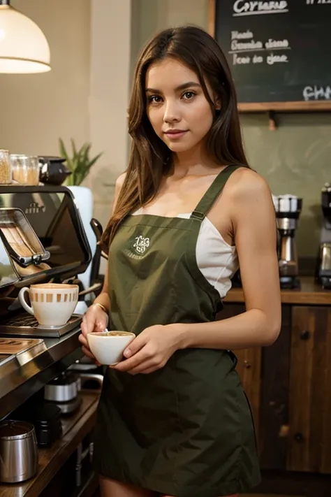 Show me a slim young girl with light brown brown teas dressed as a barista in a coffee shop with some green tones