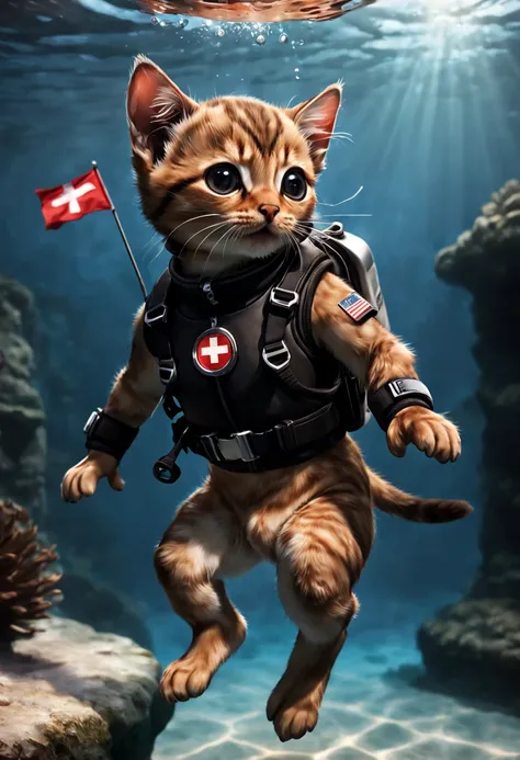 A photorealistic image of a very small brown kitten diving, with a complete diving outfit and round diving head set. The cat is very small and cute. The outfit has a Swiss flag logo. You can see the Geneva water jet in the background. The lighting should b...