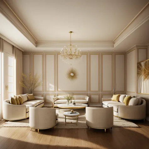 (((neoclassical-style livingroom ))), a brown wooden floor, cream-colored curtains, a white door, and super sharp photos that ex...