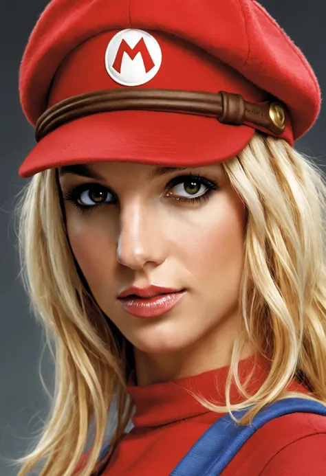 hyperrealistic art portrait of young (britney spears:0.6) ((ohwx woman)) as super mario, red hat, fantasy, highly detailed, digi...