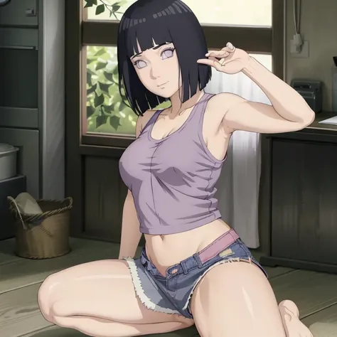 Hinata Hyuga,masterpiece, (Tank top) multicolored, (mini shorts) jeans color, erotic position R18, Seductive face, good lighting, detail, small details, masterpiece, shining eyes, 1 girls, black hair, on the face, wisteria background, masterpiece, best qua...