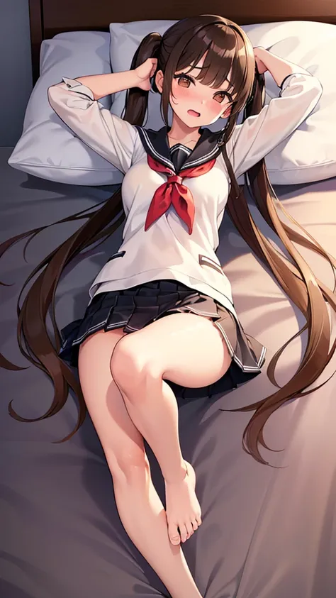 ( high quality, high resolution, complex and detailed depiction, masterpiece, Raw photo,POV, Photorealistic 3DCG, perfect anatomy:1.2),( one woman, 16-year-old, Brown hair, long hair, twin tails, cute face, beautiful brown eyes, thin pubic hair,look pussy)...