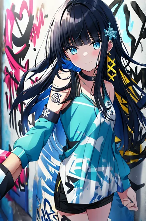 Siboshency,1 girl,black hair,long hair,alone,dull bangs,Snowflake Hair Ornament,Yellow x hair ornament,black eye,blue eyes,denim shorts, choker, (graffiti:1.5), smile,Paint splatters, turn your arms behind your back, towards the wall, looking at the viewer...