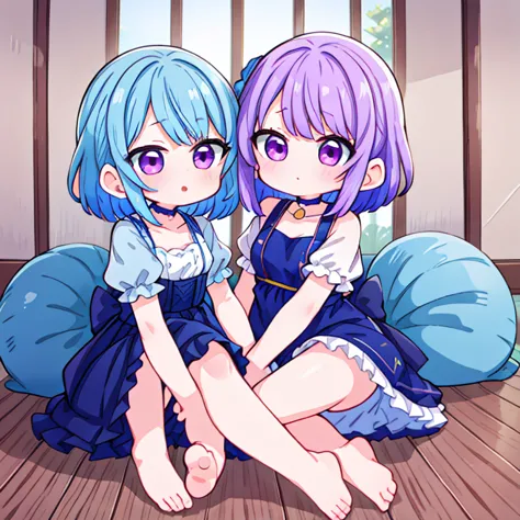 two girl sister, one with purple hair and the other with blue hair, one teen and little .