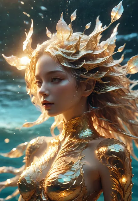 cinematic photo Hyperrealistic art RAW candid photo top view of a ethereal mermaid, with golden holographic scales and pearls and glitter, laying on the surface of the sea, she is wearing a helmet with fishes in it, she has long hair, holographic color, wa...