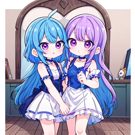 two girl sister, one with purple hair and the other with blue hair, one teen and little .