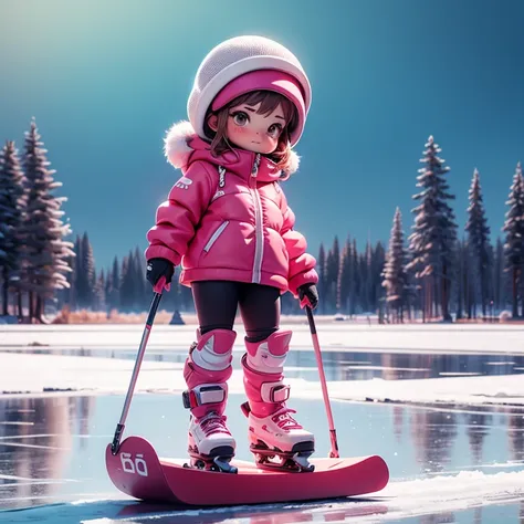 Girl ice skating on a frozen lake in winter, cute dark pink ski wear