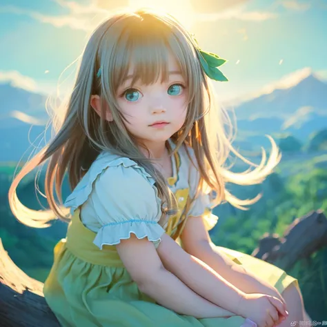 anime illustration、angel&#39;s cradle、One 5 year old 、cute、Warm atmosphere、優しいcute女の子みたいな弟、Darker hair color、light blue sky、green、Yellow light、Orange Sun