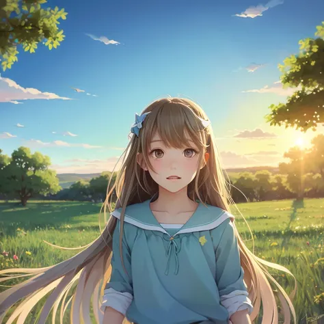 anime illustration、angel&#39;s cradle、One 5 year old 、cute、Warm atmosphere、優しいcute女の子みたいな弟、Darker hair color、light blue sky、green、Yellow light、Orange Sun