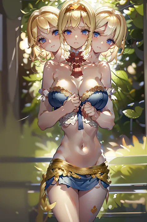 (masterpiece, best quality), best quality, (ultra-detailed), (3heads:1.5), 1girl, (alice margatroid :1.3), masterpiece, best quality, blue top, crop top, ((stomach)), midriff, ((groin)), blue skirt, normal ears, shackles, blonde hair, very long hair, wavy ...