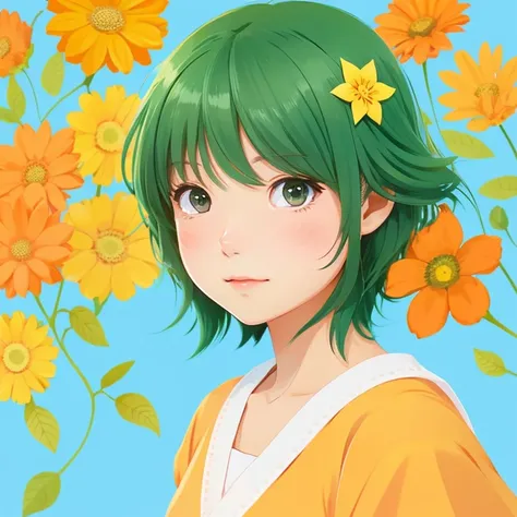 anime illustration、3歳のcute子どもが1人でいる、With calm hair color、short hair、I have an orange flower、cute、warm、like、light blue sky、green、yellow、