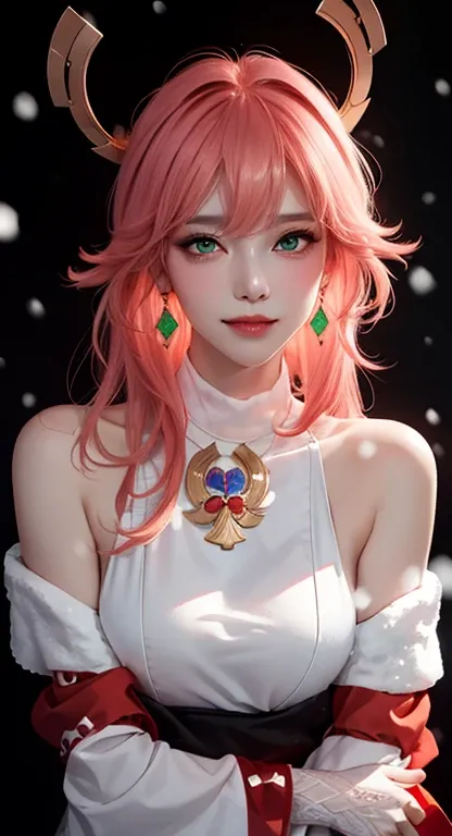 (((Black background, snowing))), (((luminous background))), (Masterpiece, Excellent, 1girl, solo, complex details, color difference), realism, ((medium breath)), off-the-shoulders, big breasts, sexy, Yae Miko, long pink hair, red headdress, red highlight, ...