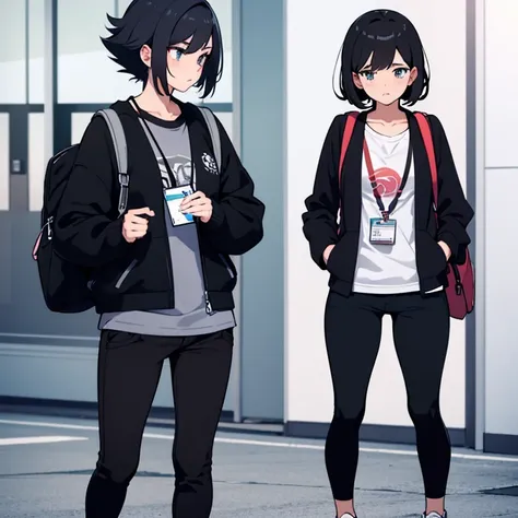 Female Pokémon trainer, embarrassed look on her face, messy short black hair, black pants, shirt, jacket, casual shoes, backpack, ID card, age 28, flustered, mature woman