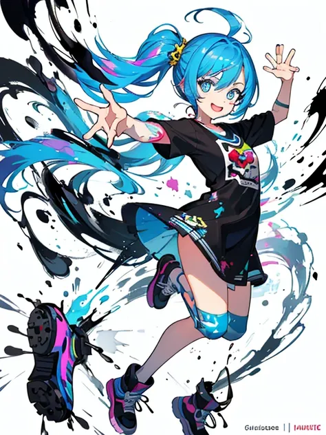 masterpiece,1 girl,17 years old,(cartoon style:1.4),(Ink Splatter):1.3,bright smile,well-groomed face,dynamic pose,cute,pop,whole body,colorful hair,Big eyes,(Ink design background:1.3),Colorful clothes based on white,plain white background