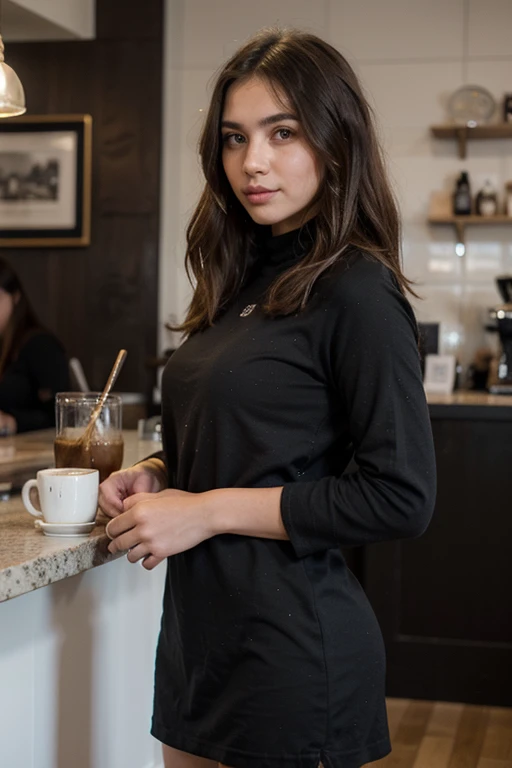 hermosa chica,pelo rubio,ruso,bebiendo cafe,coffee shop,feliz,vestido negro,Hombre de influencia,Alto detalle, tiene senos grandes y cabello oscuro, cica hermosa de senos medianos y culo grande, ella no es flaca, ella hace ejercicio