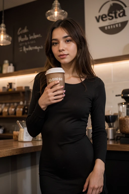 hermosa chica,pelo rubio,ruso,bebiendo cafe,coffee shop,feliz,vestido negro,Hombre de influencia,Alto detalle, tiene senos grandes y cabello oscuro, cica hermosa de senos medianos y culo grande, ella no es flaca, ella hace ejercicio