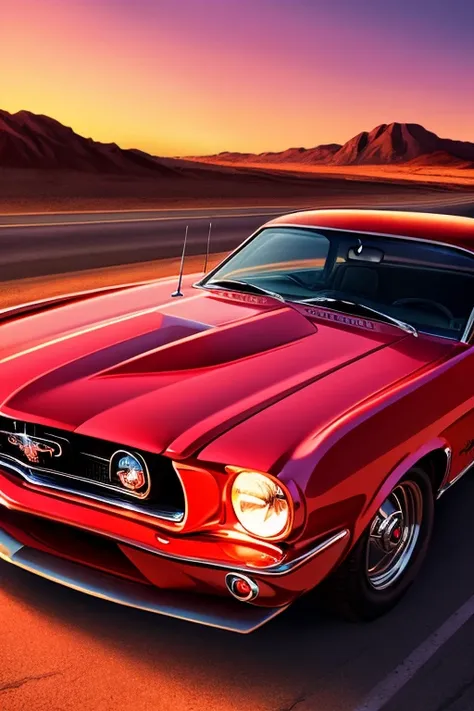 Sunset, in the desert, beautiful, vibrant colors, 1965 Ford Mustang, red body color, ultra detailed, sharp, focus, highway, 