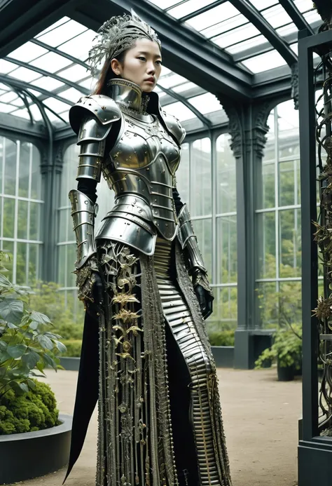 Balenciaga fashion, a girl wearing a metal dress with chains, a metal sculpture of a woman with a face covered in metal, wearing louis vuitton armor, alexander mcqueen haute couture, intricate metal armour, intricate metal armor, silver intricate armor, cy...