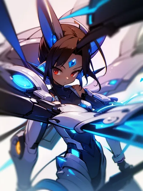 Masterpiece, best quality, highres, amazing quality, tenchi muyo, flat chested, (male), (8 year old boy), (shota), (Dark skin), cute, red eyes, very long dark brown hair, blue gem on forehead, white mecha musume armour, white exosuit armour, black powersui...