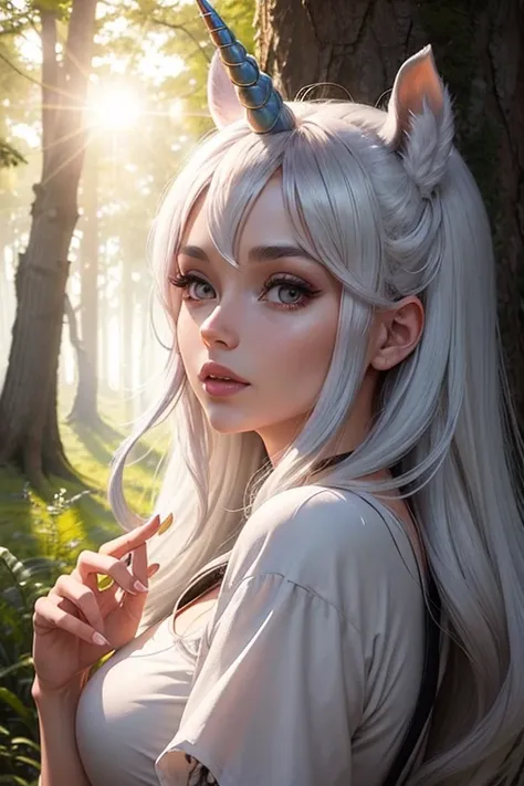 woman　front　unicorn　gray hair　gossiper　beautiful long horns　in the forest　The sun is shining