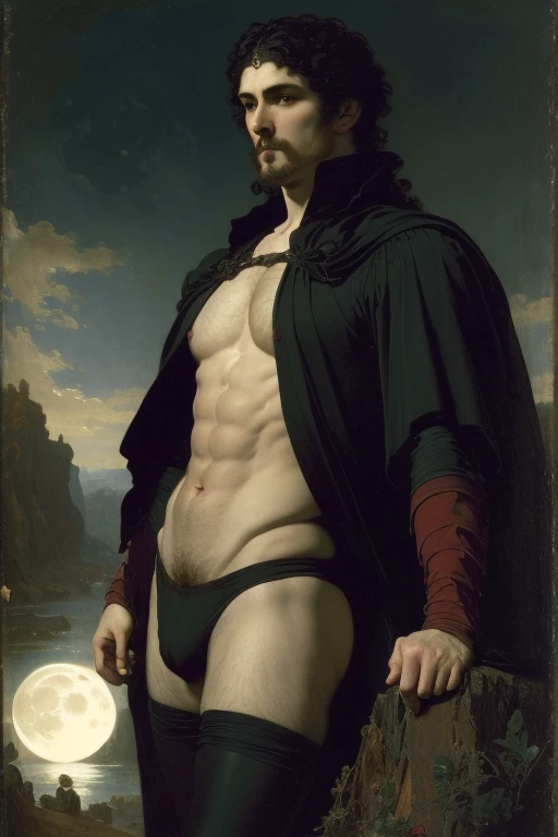 Standing pose, oil painting, ((Dark night, full moon))handsome vampire man with dark hair and white skin, wearing white briefs, abs, chest, slim waist, Daniel gerhartz style, detailed face, detailed skin, front, background gothic castle ruins, style of Dan...