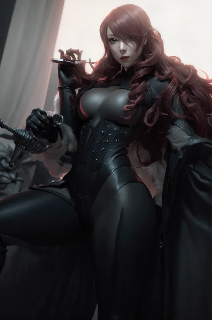 a woman with red lipstick has armor on and is holding a sword, kirijou mitsuru, 1girl, solo, hair over one eye, long hair, (((red hair))), (((red eyes))), weapon, rapier, sword, bodysuit, black bodysuit, grey bodysuit, hand on hip, (((large breasts))), ((s...