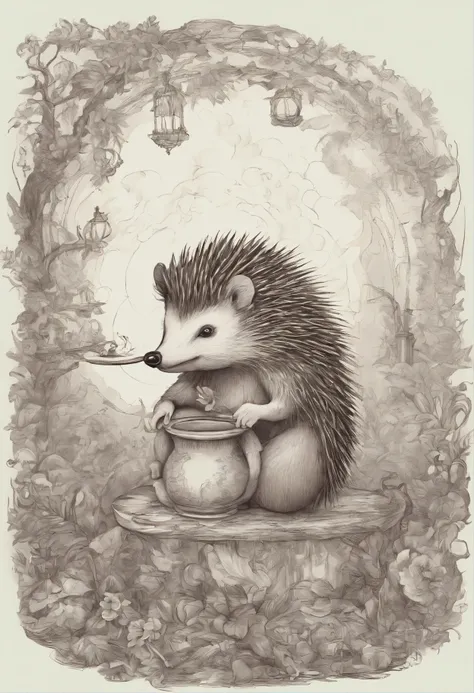 A hedgehog in the fog smokes a hookah and drinks koumiss