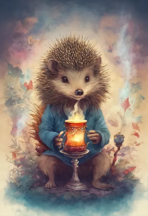 A hedgehog in the fog smokes a hookah and drinks koumiss