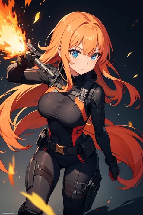 A beautiful orange-haired woman who is dressed in a tight black armored suit that covers her entire body., having a steel belt with compartments, a pair of black boots and is armed with 2 guns