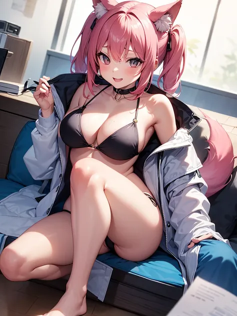 Happy woman, with wolf ears and pink hair, holding her cheeks, wolf tail, wearing a bikini, looking at veiwer, full body