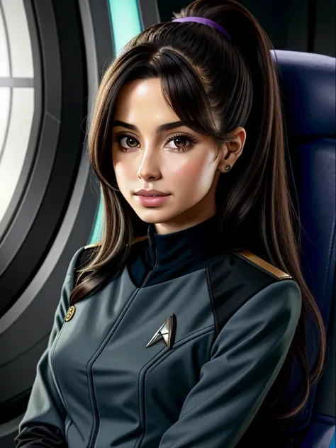 born, photograph, professional portrait, sarah shahi, star trek tos science uniform,ariana grande