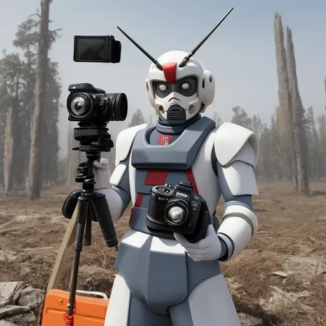 There is a man holding a camera, taking a picture of gundam