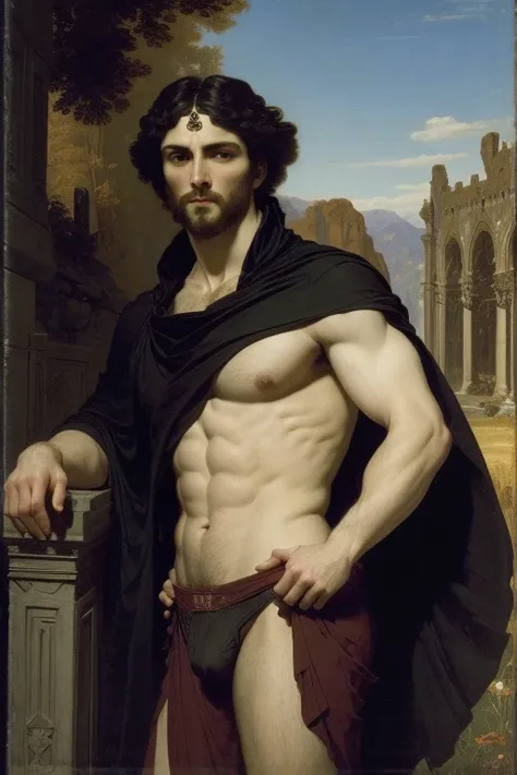 Standing pose, oil painting, handsome vampire man with dark hair and white skin, wearing white briefs, abs, chest, slim waist, Giuseppe Fiore´s style, detailed face, detailed skin, front, background gothic castle ruins, style of Raphael, Daniel gerhartz, m...