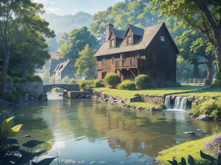 (A high quality, meticulously crafted illustration of) a quaint water mill house, nestled by a gurgling creek in a long, tranquil valley, (featuring intricate details and a stunningview), (boasting rustic charm and a picturesque setting). The mill house, w...