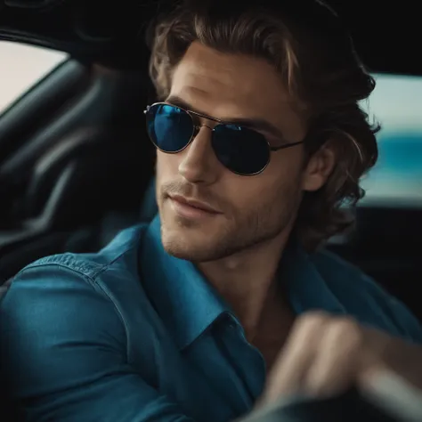 blue eyes,long hair,male,attractive,in the car,smirk,sunglasses 