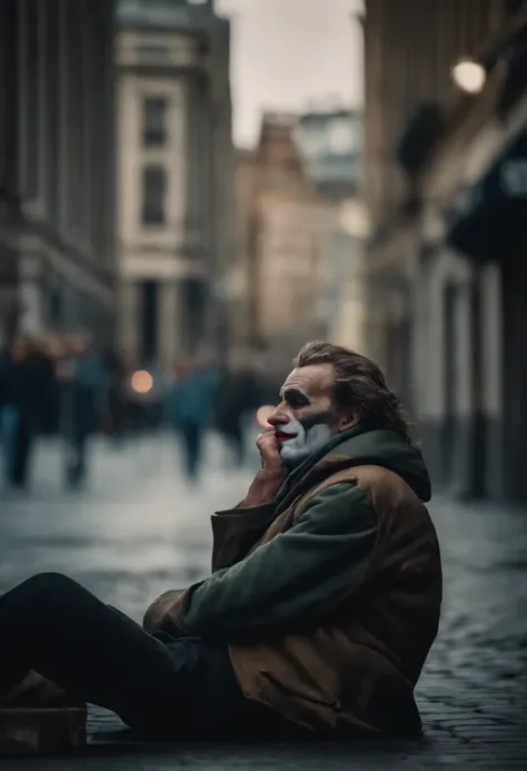 Show a homeless Joker sitting alone on a city street.