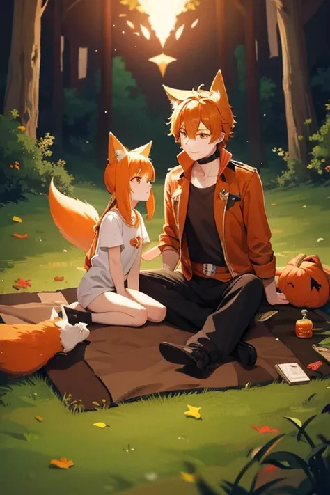 an orange haired man with orange eyes and orange fox ears and an orange fox tail is feeding a raven by a campfire