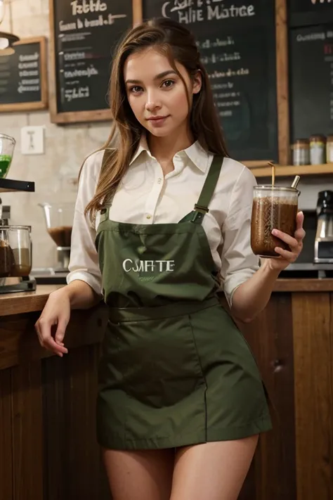 Create the image of a slim young girl with Caucasian teas, light brown eyes, she is working in a coffee shop, she is wearing a bariste suit in green shades of skirt