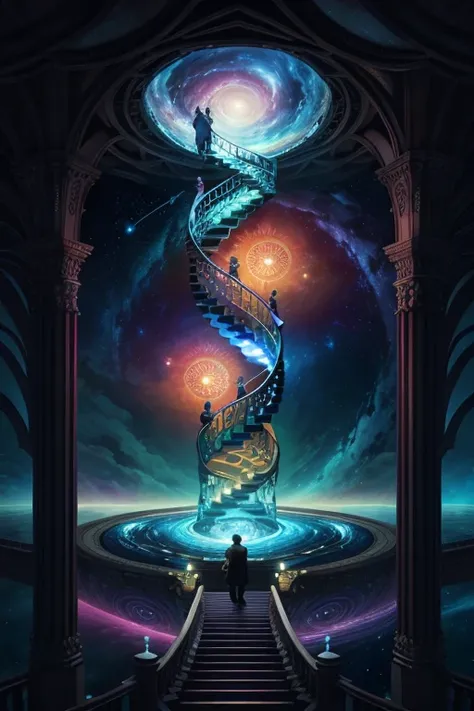 Highly detailed art in 4K，DreamlikeArt、detailed dreamscape、dreamy psychedelic、intricate、Epic composition、looking out into the cosmos，Stable diffusion cues：Gaze at the Infinite Whirlpool Library，There are endless books inside、Flight page、Spiral staircase、Ci...