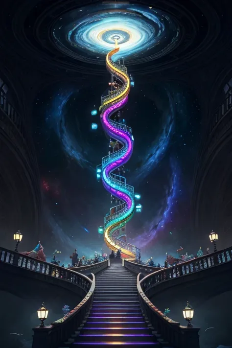 Highly detailed art in 4K，DreamlikeArt、detailed dreamscape、dreamy psychedelic、intricate、Epic composition、looking out into the cosmos，Stable diffusion cues：Gaze at the Infinite Whirlpool Library，There are endless books inside、Flight page、Spiral staircase、Ci...